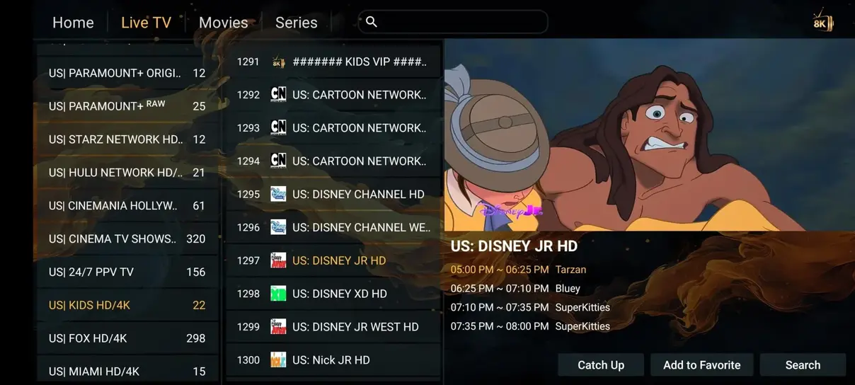 Ember IPTV live TV channel guide and electronic program schedule preview
