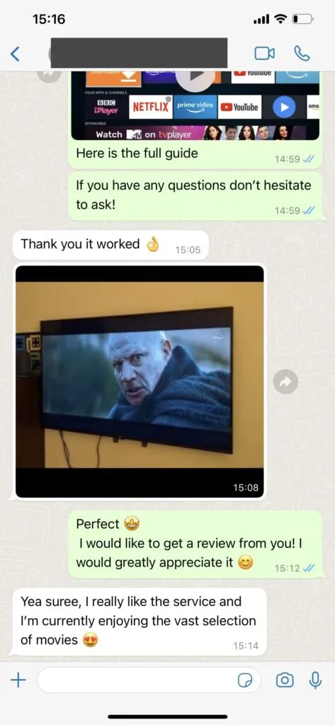 Real WhatsApp chat conversation with Ember IPTV customer support