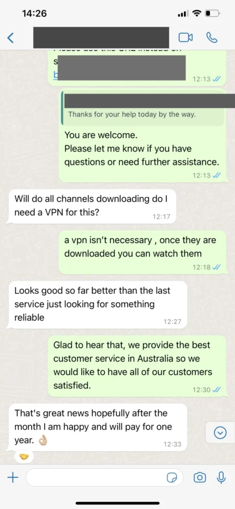 Happy subscriber review screenshot on WhatsApp messenger